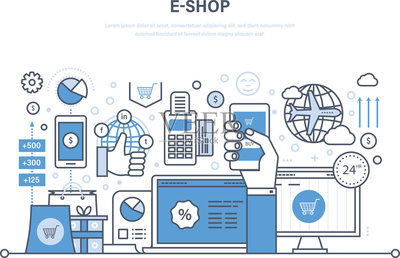 E-shop。产品在线订购系统,安全支付,技术支持设计元素图片